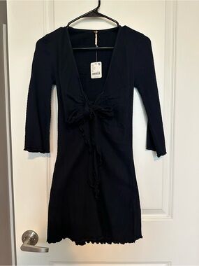 Free People Black Ribbed V-Neck Tie-Front Mini Dress